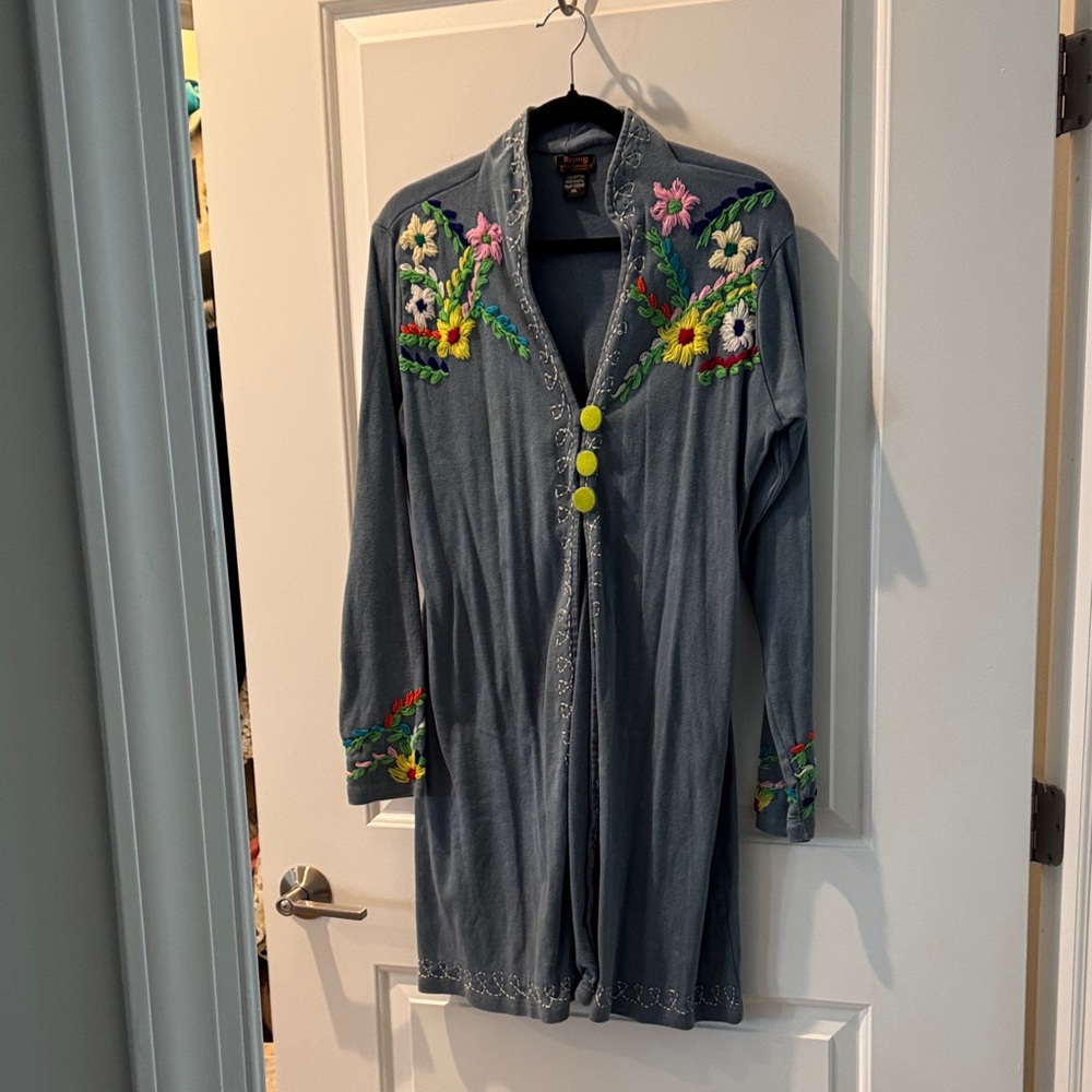 Rising International Blue Embroidered Floral Button-Front Jacket